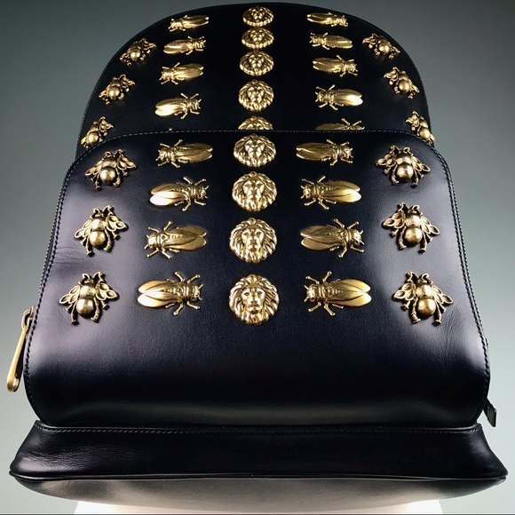 Gucci Black Leather Gold Animal Studs Backpack - Picture 2 of 8
